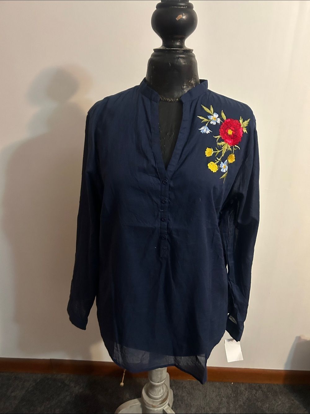 Navy Embroidered Floral V-Neck Tunic Top